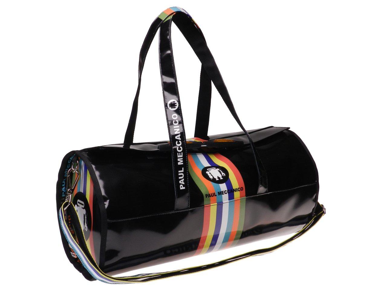 BLACK SPORT BAG WITH MULTICOLOR BAND. ROLLING MODEL MADE OF LORRY TARPAULIN. - Unique Pieces Paul Meccanico