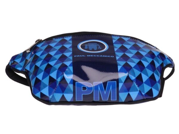BLUE WAIST BAG WITH GEOMETRIC FANTASY. MODEL FLEX MADE OF LORRY TARPAULIN. - Limited Edition Paul Meccanico