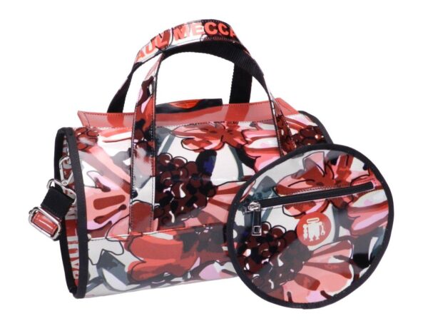 BOSTON BAG DARK RED COLOUR FLORAL FANTASY. MINI MODEL MADE OF LORRY TARPAULIN. - Unique Pieces Paul Meccanico
