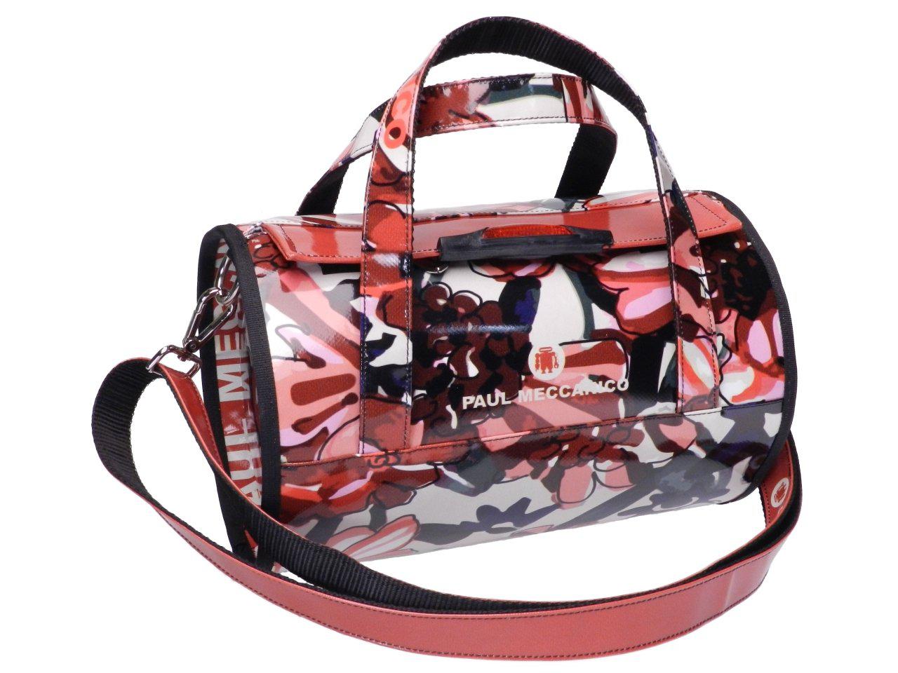 BOSTON BAG DARK RED COLOUR FLORAL FANTASY. MINI MODEL MADE OF LORRY TARPAULIN. - Unique Pieces Paul Meccanico