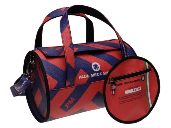 BOSTON BAG PAUL MECCANICO HAMMERED FAUX LEATHER. MODEL MINI BLUE AND RED COLOURS WITH GEOMETRIC FANTASY. - Unique Pieces Paul Meccanico