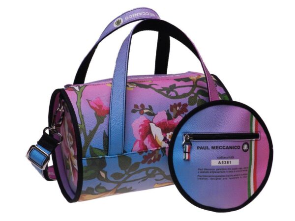 BOSTON BAG PAUL MECCANICO IN HAMMERED FAUX LEATHER. MINI MODEL PINK COLOUR WITH FLORAL FANTASY. - Unique Pieces Paul Meccanico