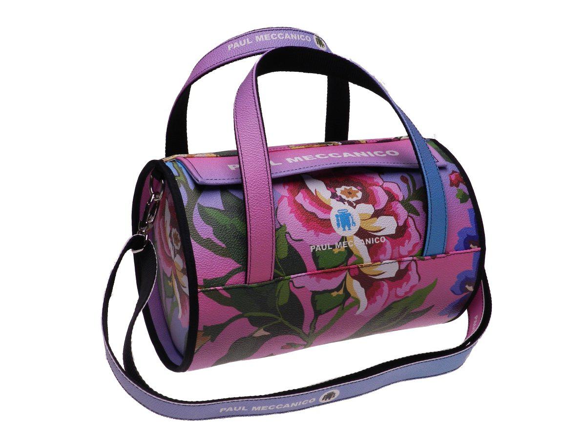 BOSTON BAG PAUL MECCANICO IN HAMMERED FAUX LEATHER. MINI MODEL PINK COLOUR WITH FLORAL FANTASY. - Unique Pieces Paul Meccanico