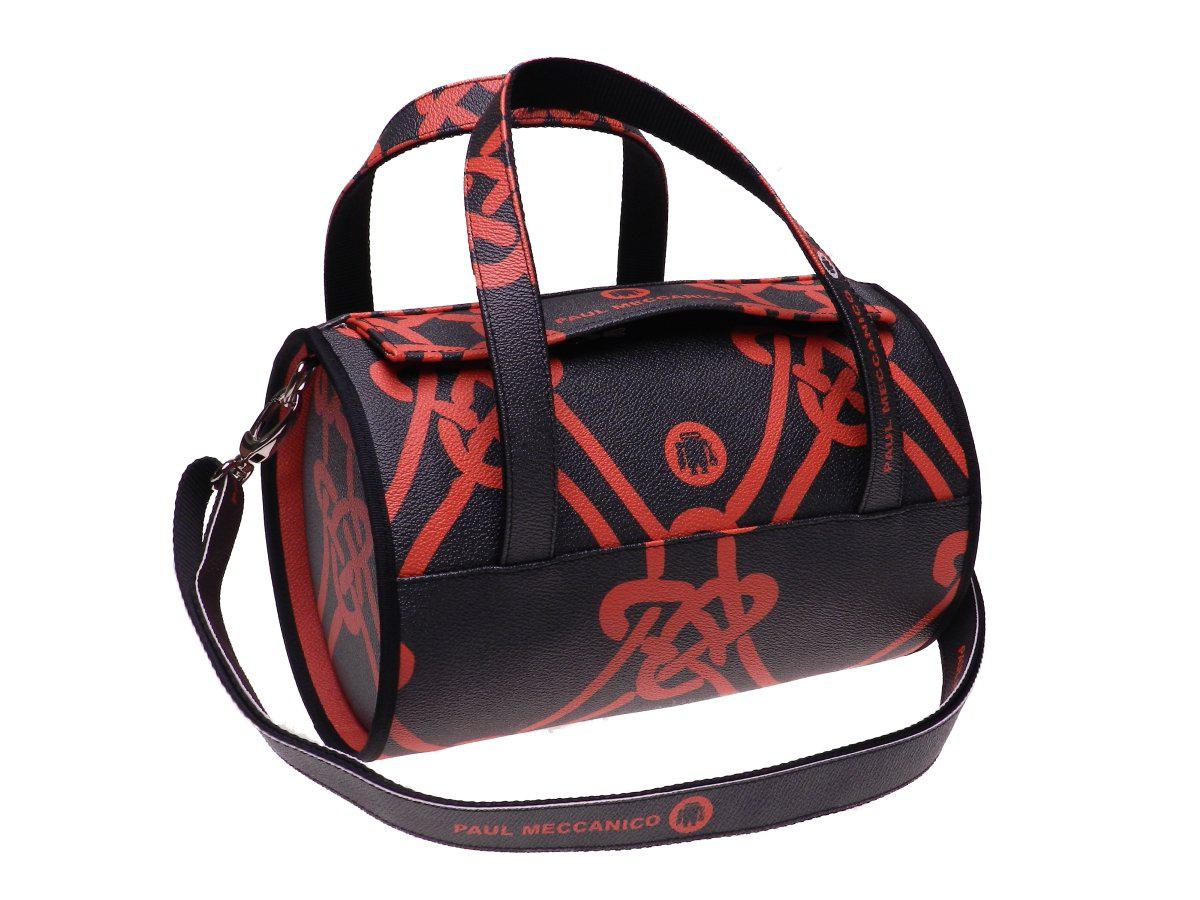 BOSTON BAG PAUL MECCANICO IN HAMMERED FAUX LEATHER. MODEL MINI ANTHRACITE AND RED COLOURS WITH MARITIME FANTASY. - Unique Pieces Paul Meccanico