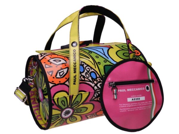 BOSTON BAG PAUL MECCANICO IN LORRY TARPAULIN. MODEL MINI YELLOW COLOUR WITH FLORAL DESIGN. - Unique Pieces Paul Meccanico
