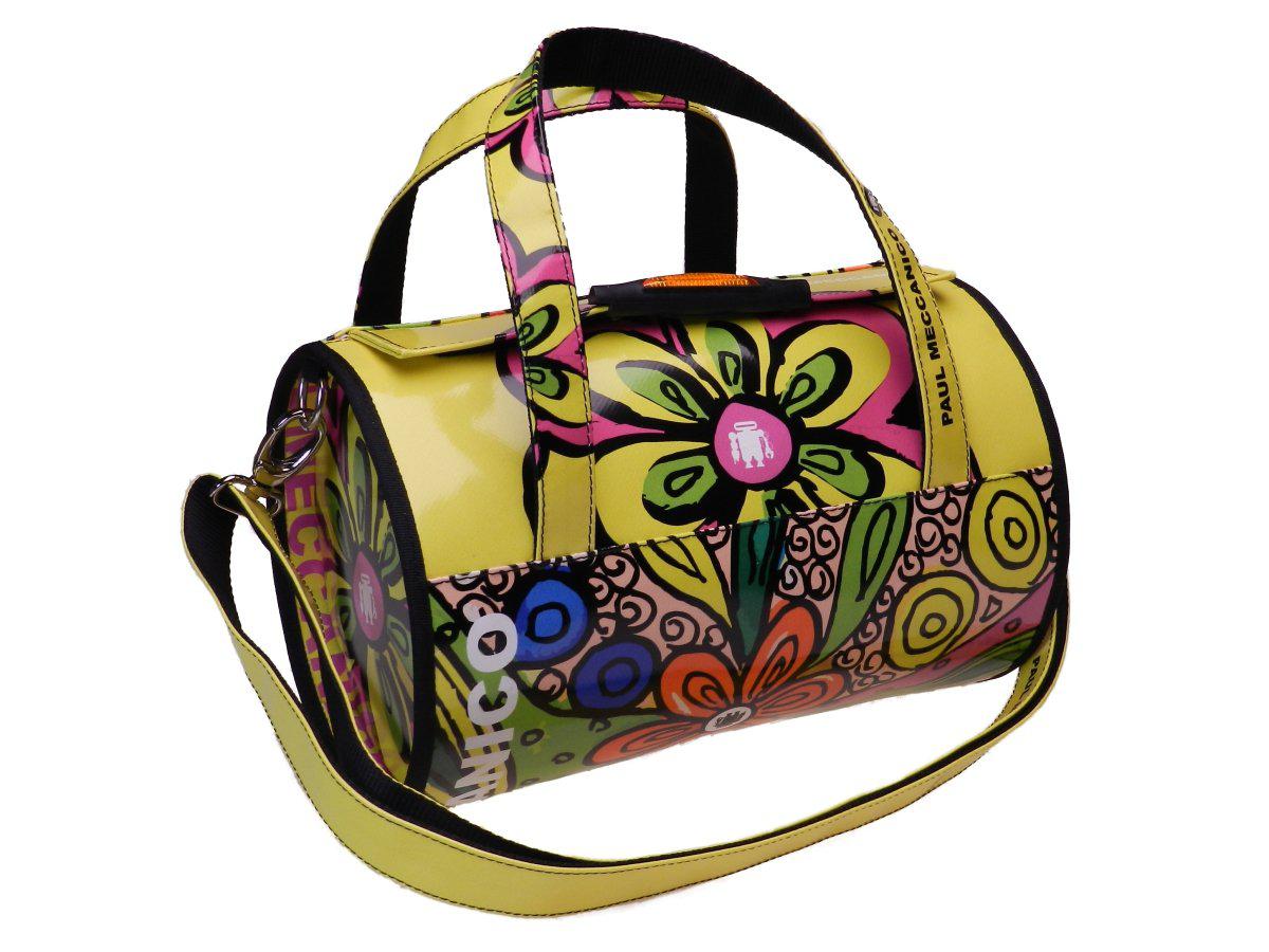 BOSTON BAG PAUL MECCANICO IN LORRY TARPAULIN. MODEL MINI YELLOW COLOUR WITH FLORAL DESIGN. - Unique Pieces Paul Meccanico