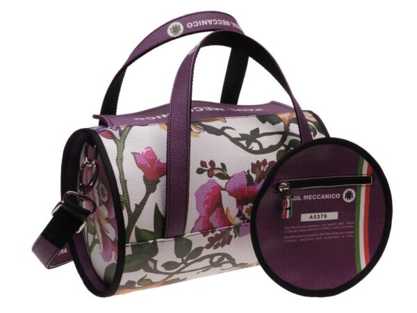 BOSTON BAG PAUL MECCANICO MADE OF HAMMERED FAUX LEATHER WHITE AND VIOLET COLOURS FLORAL FANTASY. - Paul Meccanico