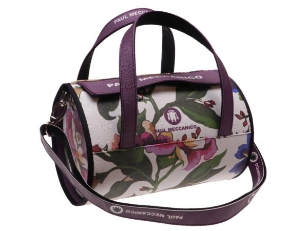 BOSTON BAG PAUL MECCANICO MADE OF HAMMERED FAUX LEATHER WHITE AND VIOLET COLOURS FLORAL FANTASY. - Paul Meccanico