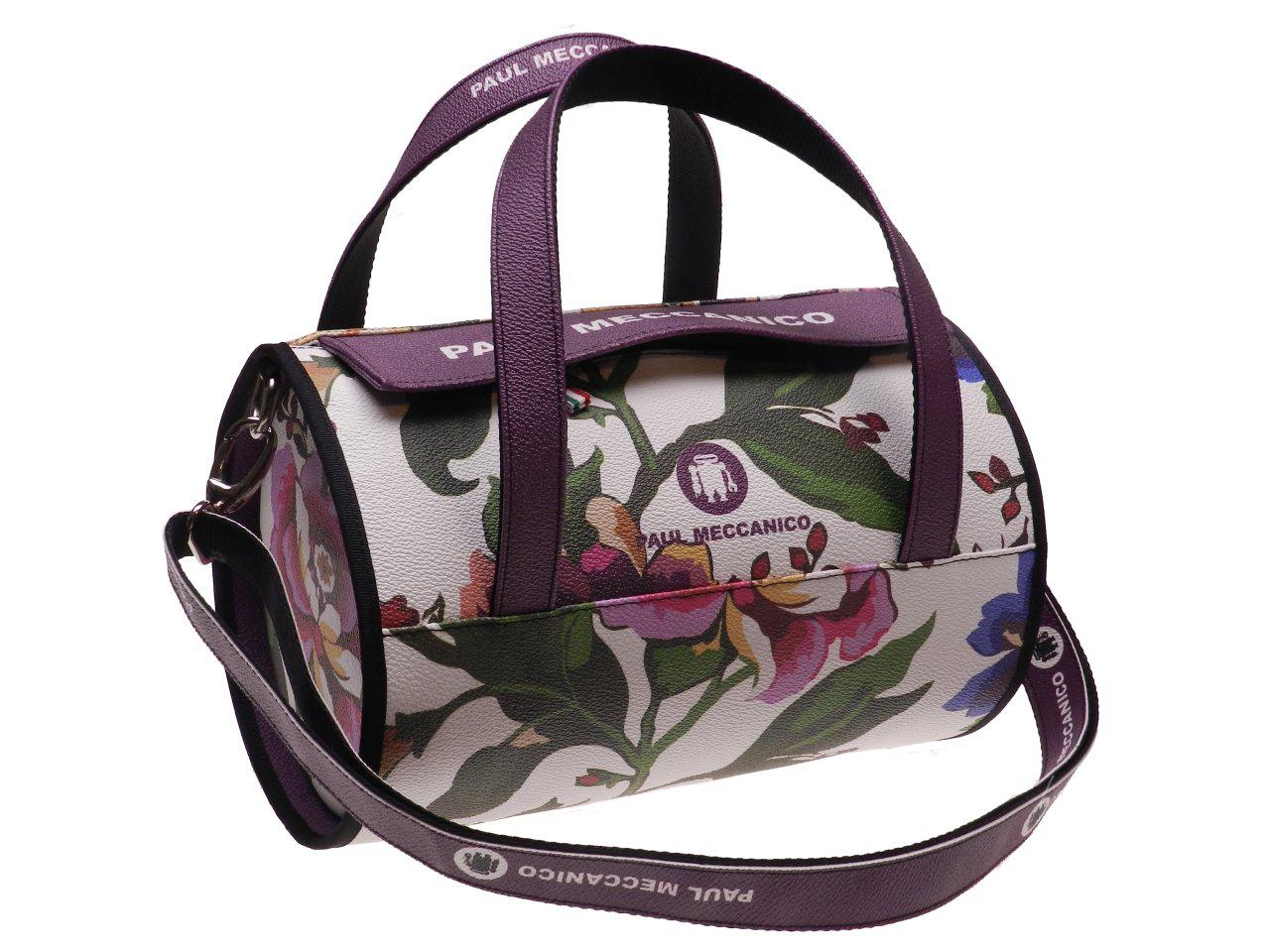 BOSTON BAG PAUL MECCANICO MADE OF HAMMERED FAUX LEATHER WHITE AND VIOLET COLOURS FLORAL FANTASY. - Paul Meccanico