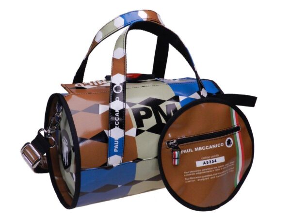 BOSTON BAG PAUL MECCANICO MADE OF LORRY TARPAULIN. MINI MODEL AVIO, GREEN AND BROWN COLOURS. - Unique Pieces Paul Meccanico