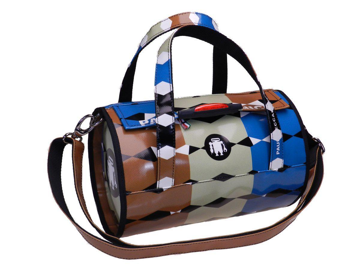 BOSTON BAG PAUL MECCANICO MADE OF LORRY TARPAULIN. MINI MODEL AVIO, GREEN AND BROWN COLOURS. - Unique Pieces Paul Meccanico
