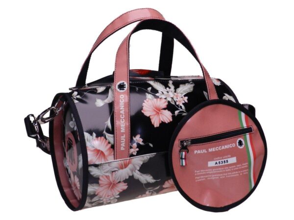 BOSTON BAG PAUL MECCANICO MADE OF LORRY TARPAULIN. MINI MODEL BLACK AND PINK COLOURS FLORAL FANTASY. - Unique Pieces Paul Meccanico