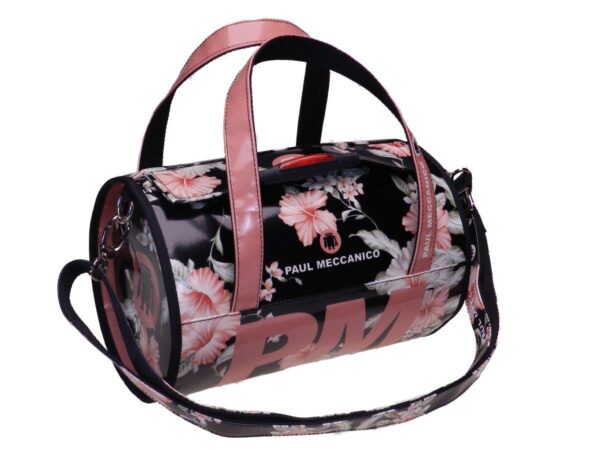 BOSTON BAG PAUL MECCANICO MADE OF LORRY TARPAULIN. MINI MODEL BLACK AND PINK COLOURS FLORAL FANTASY. - Unique Pieces Paul Meccanico