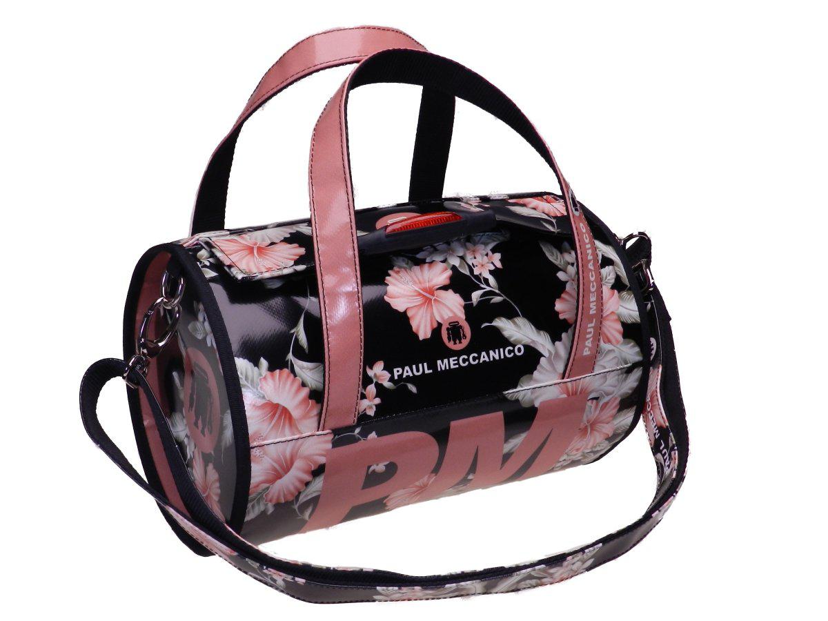 BOSTON BAG PAUL MECCANICO MADE OF LORRY TARPAULIN. MINI MODEL BLACK AND PINK COLOURS FLORAL FANTASY. - Unique Pieces Paul Meccanico
