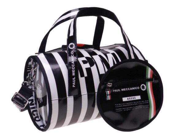 BOSTON BAG PAUL MECCANICO MADE OF LORRY TARPAULIN. MINI MODEL BLACK AND WHITE. - Unique Pieces Paul Meccanico