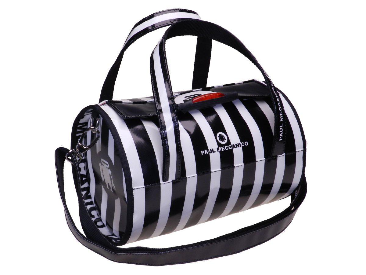 BOSTON BAG PAUL MECCANICO MADE OF LORRY TARPAULIN. MINI MODEL BLACK AND WHITE. - Unique Pieces Paul Meccanico