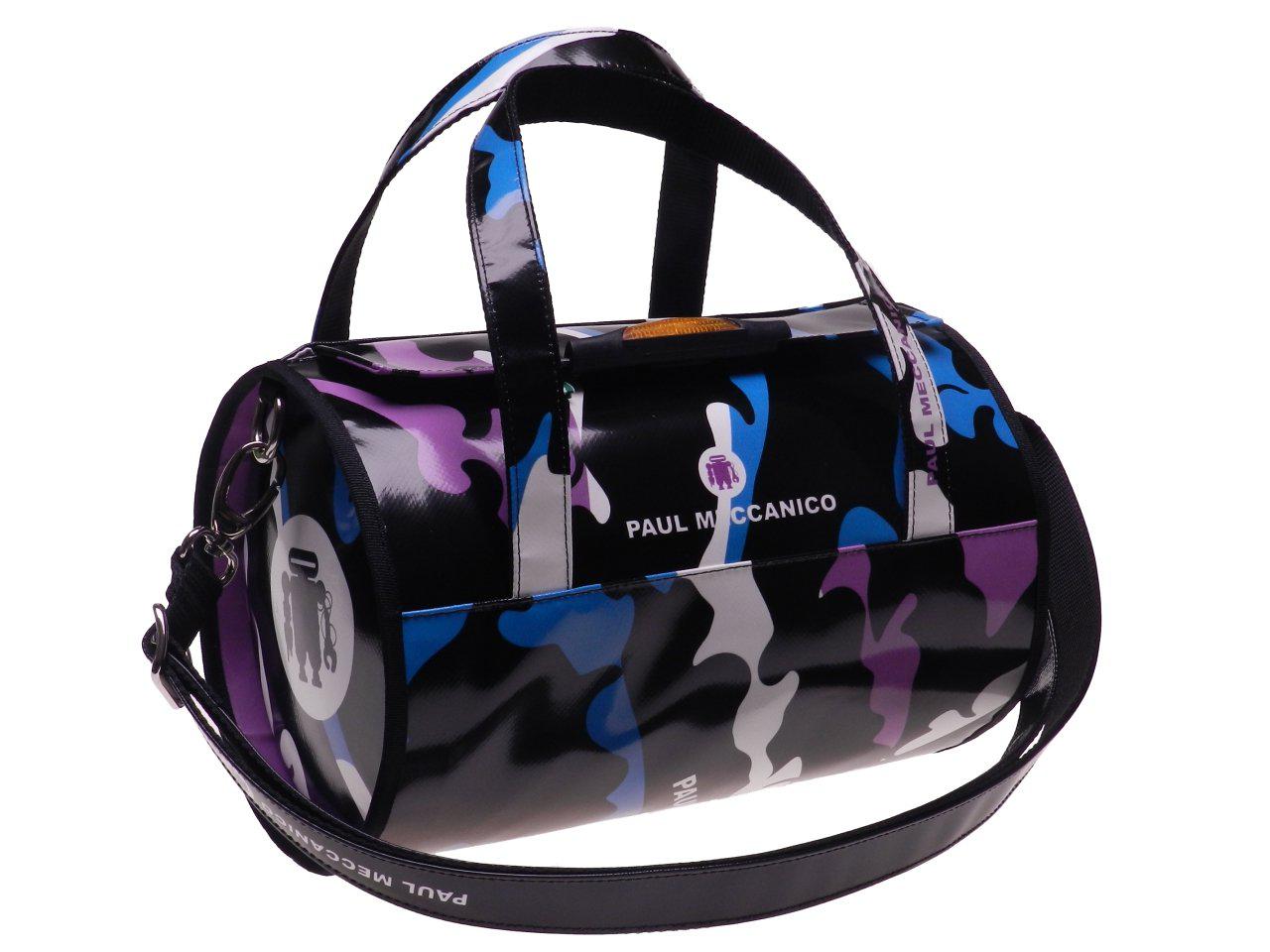 BOSTON BAG PAUL MECCANICO MADE OF LORRY TARPAULIN. MINI MODEL BLACK COLOR ABSTRACT FANTASY. - Unique Pieces Paul Meccanico