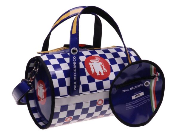 BOSTON BAG PAUL MECCANICO MADE OF LORRY TARPAULIN. MINI MODEL BLUE AND WHITE COLOURS CHESS FANTASY. - Unique Pieces Paul Meccanico