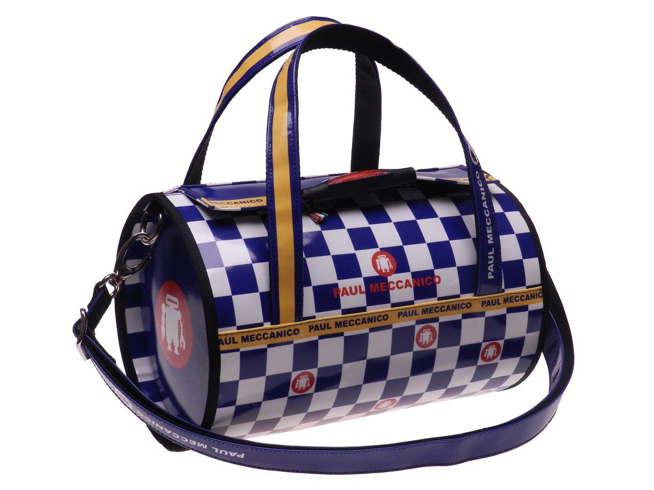 BOSTON BAG PAUL MECCANICO MADE OF LORRY TARPAULIN. MINI MODEL BLUE AND WHITE COLOURS CHESS FANTASY. - Unique Pieces Paul Meccanico