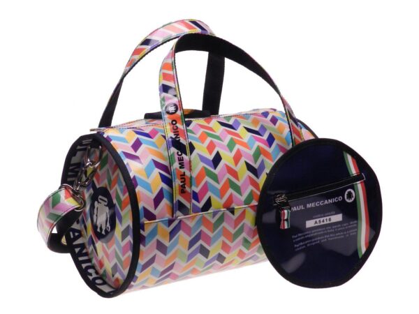 BOSTON BAG PAUL MECCANICO MADE OF LORRY TARPAULIN. MINI MODEL MULTICOLOR GEOMETRIC FANTASY. - Unique Pieces Paul Meccanico