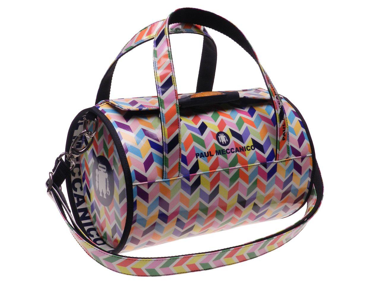 BOSTON BAG PAUL MECCANICO MADE OF LORRY TARPAULIN. MINI MODEL MULTICOLOR GEOMETRIC FANTASY. - Unique Pieces Paul Meccanico