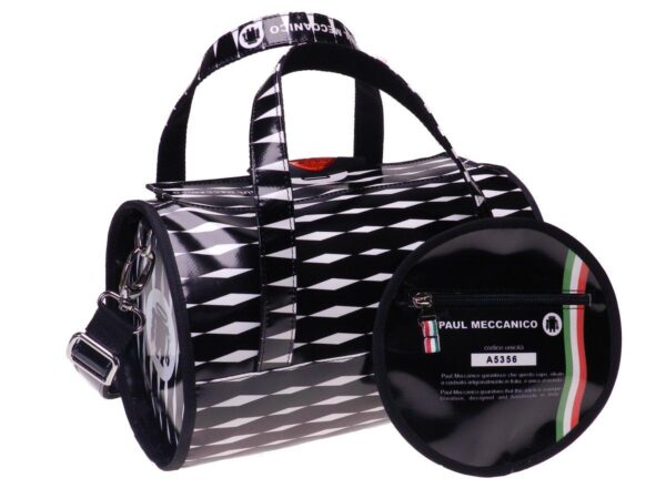 BOSTON BAG PAUL MECCANICO MADE OF LORRY TARPAULIN. MINI MODEL OPTICAL BLACK AND WHITE. - Unique Pieces Paul Meccanico
