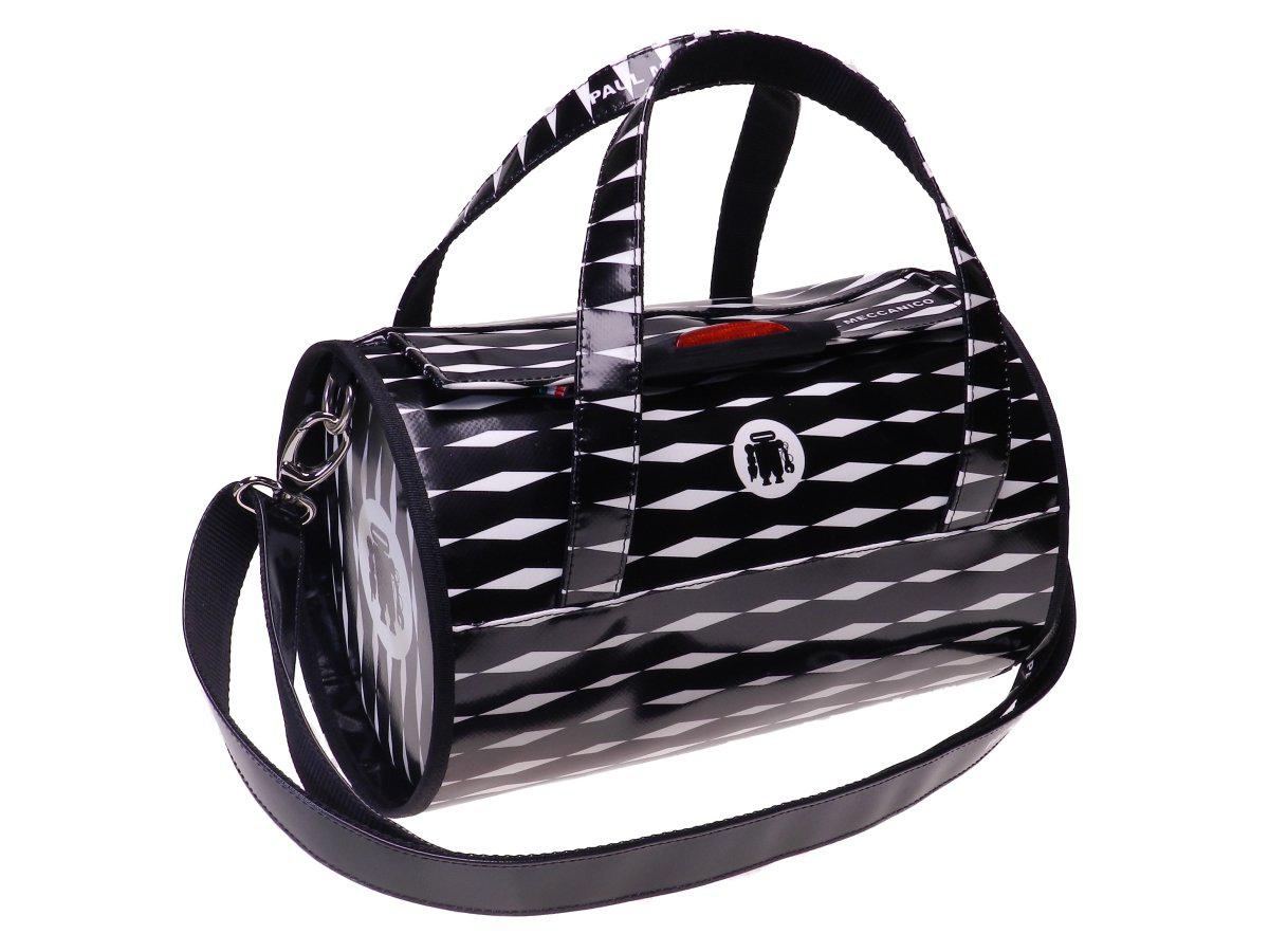 BOSTON BAG PAUL MECCANICO MADE OF LORRY TARPAULIN. MINI MODEL OPTICAL BLACK AND WHITE. - Unique Pieces Paul Meccanico