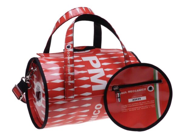 BOSTON BAG PAUL MECCANICO MADE OF LORRY TARPAULIN. MINI MODEL RED COLOR OPTICAL FANTASY. - Unique Pieces Paul Meccanico