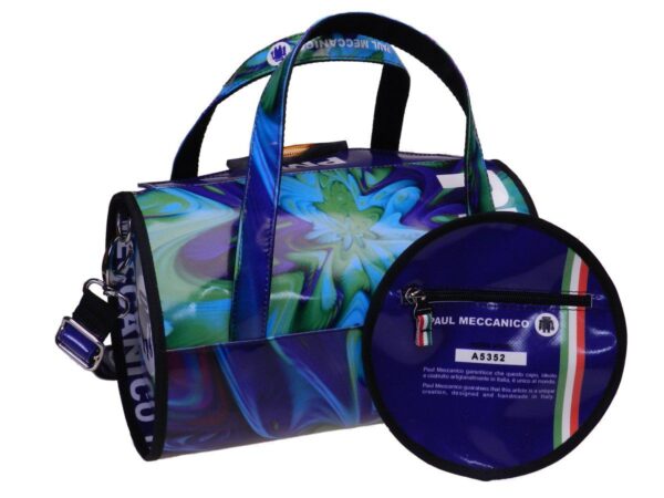 BOSTON BAG PAUL MECCANICO MADE OF LORRY TARPAULIN. MINI MODEL VIOLET, GREEN AND LIGHT BLUE COLOURS. - Unique Pieces Paul Meccanico