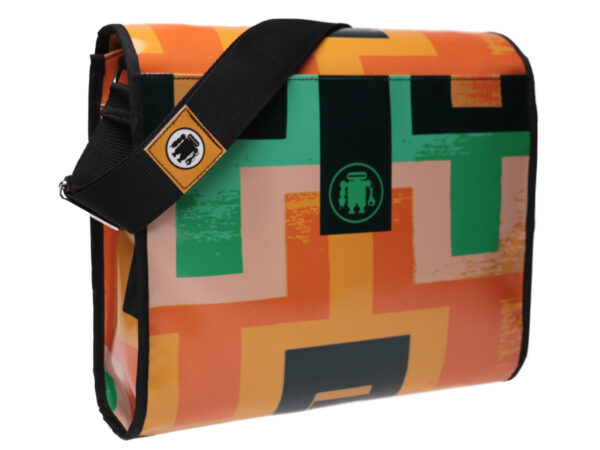 CROSSBODY BAG GREEN AND ORANGE GEOMETRIC FANTASY. MODEL BREAK MADE OF LORRY TARPAULIN. - Unique Pieces Paul Meccanico