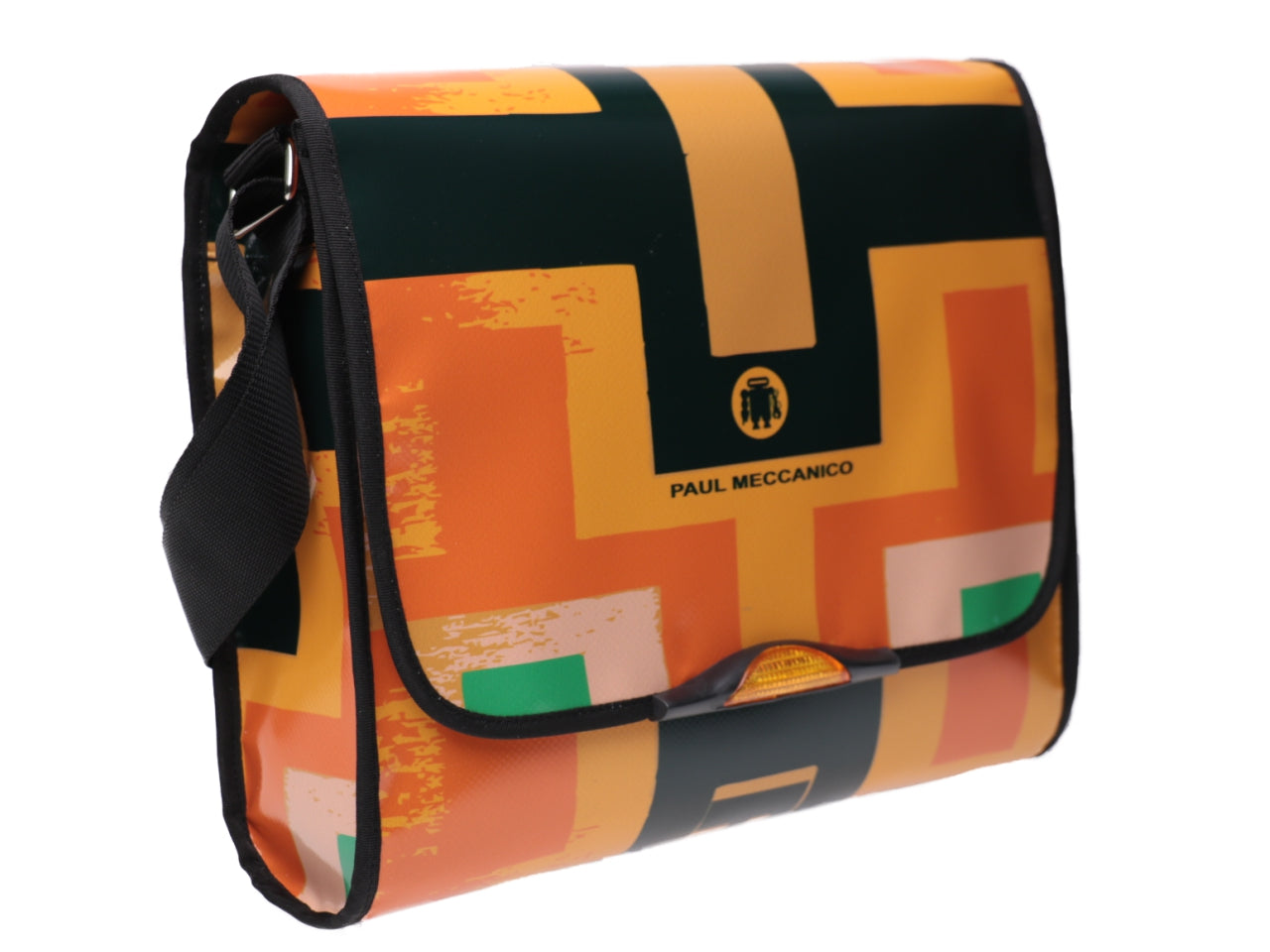CROSSBODY BAG GREEN AND ORANGE GEOMETRIC FANTASY. MODEL BREAK MADE OF LORRY TARPAULIN. - Unique Pieces Paul Meccanico