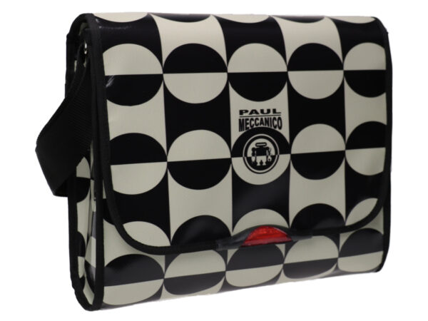 CROSSBODY BAG OFF WHITE AND BLACK GEOMETRIC FANTASY. MODEL BREAK MADE OF LORRY TARPAULIN. - Unique Pieces Paul Meccanico