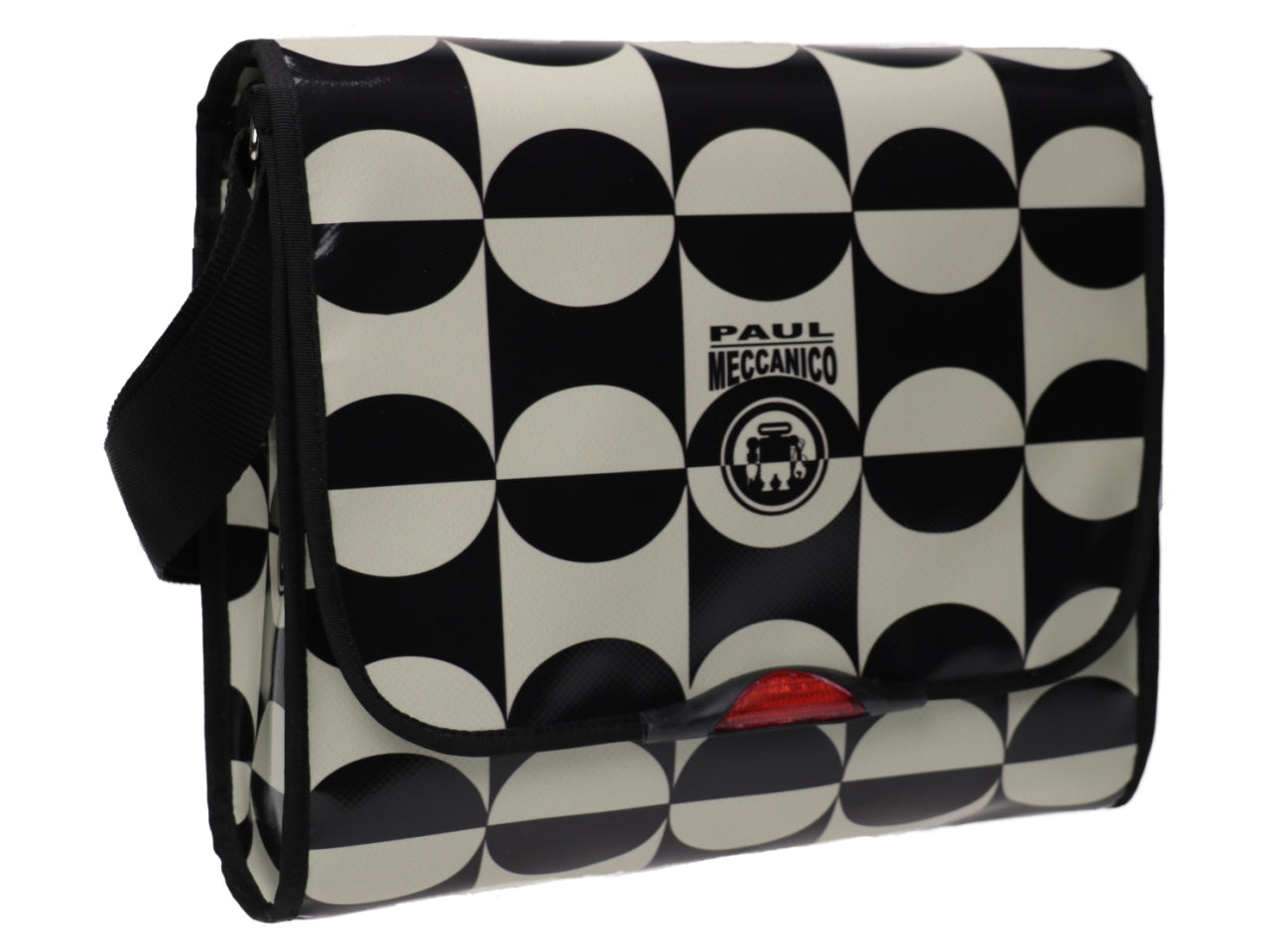 CROSSBODY BAG OFF WHITE AND BLACK GEOMETRIC FANTASY. MODEL BREAK MADE OF LORRY TARPAULIN. - Unique Pieces Paul Meccanico