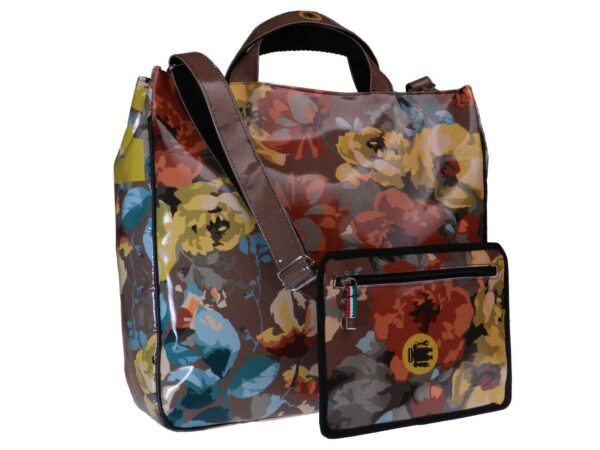 BROWN TOTE BAG WITH FLORAL FANTASY. AIRSTONE MODEL MADE OF LORRY TARPAULIN. - Unique Pieces Paul Meccanico