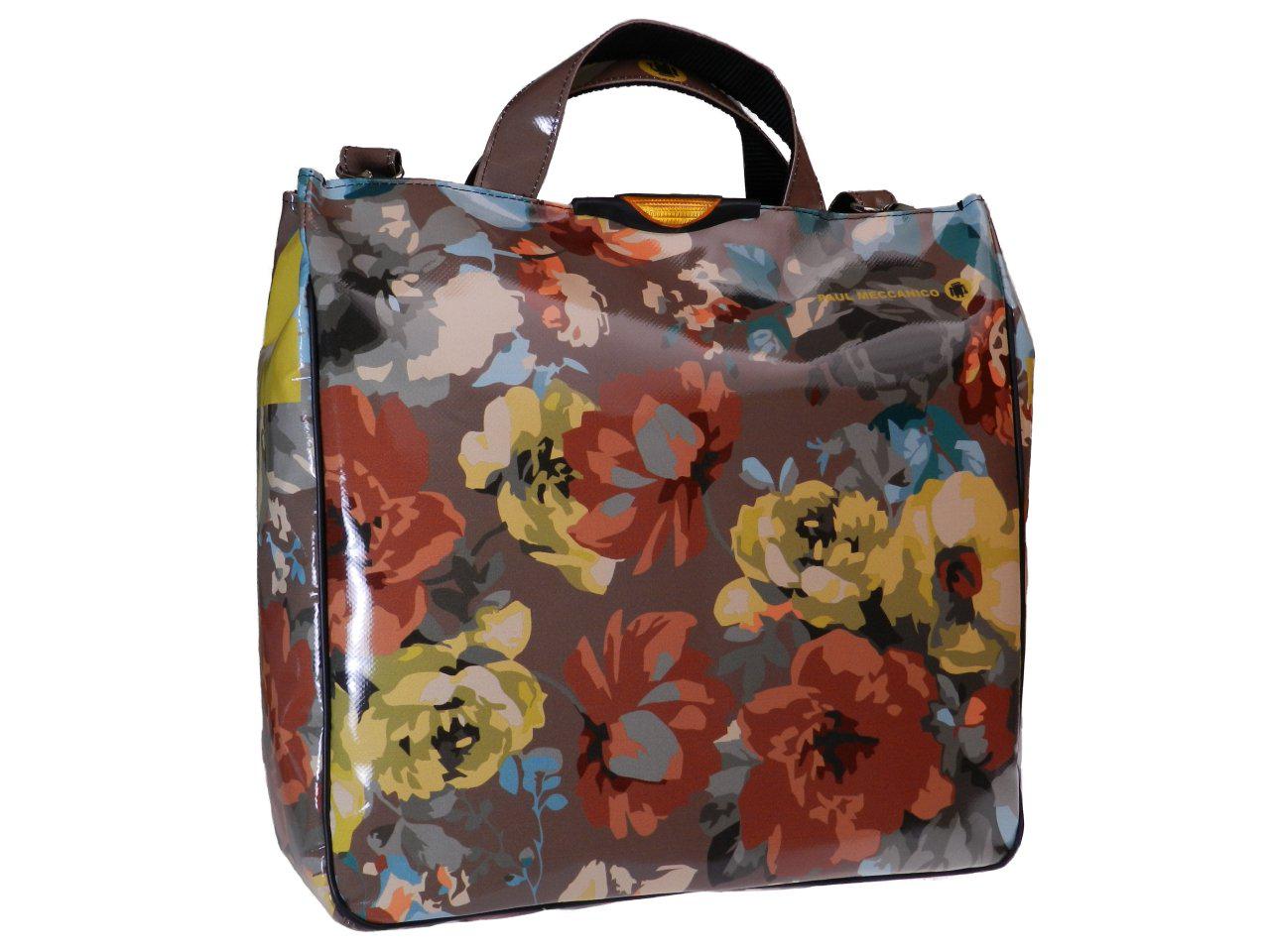 BROWN TOTE BAG WITH FLORAL FANTASY. AIRSTONE MODEL MADE OF LORRY TARPAULIN. - Unique Pieces Paul Meccanico