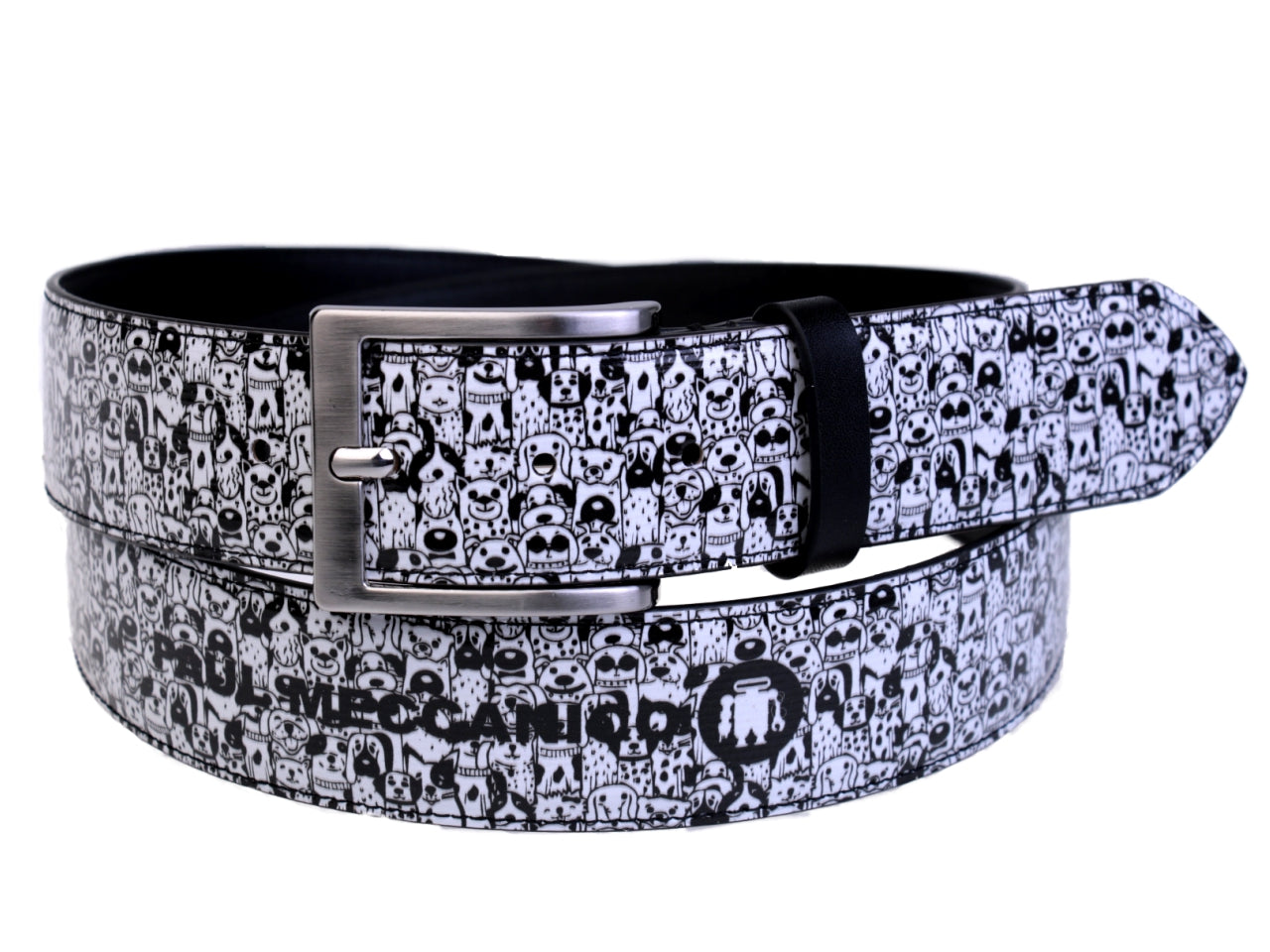 BLACK AND WHITE MEN'S BELT "DOGS" MADE OF LORRY TARPAULIN. - Unique Pieces Paul Meccanico