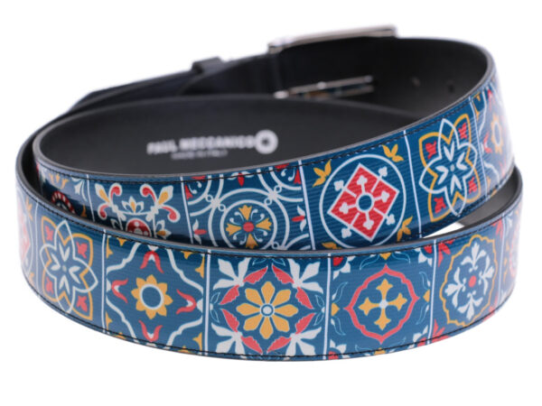 AVIO BLUE MEN'S BELT WITH MAJOLICA FANTASY MADE OF LORRY TARPAULIN. - Unique Pieces Paul Meccanico