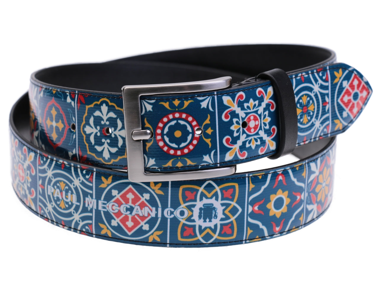 AVIO BLUE MEN'S BELT WITH MAJOLICA FANTASY MADE OF LORRY TARPAULIN. - Unique Pieces Paul Meccanico