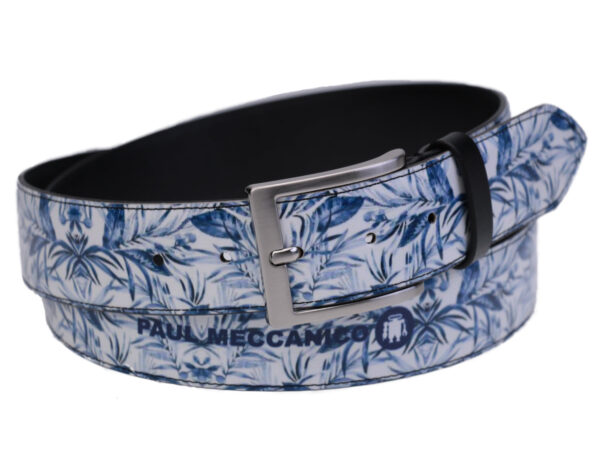 MEN'S BELT BLUE AND WHITE FLORAL FANTASY MADE OF LORRY TARPAULIN. - Unique Pieces Paul Meccanico