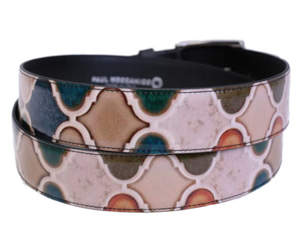 BEIGE AND BLUE MEN'S BELT MAJOLICA FANTASY MADE OF LORRY TARPAULIN. - Unique Pieces Paul Meccanico