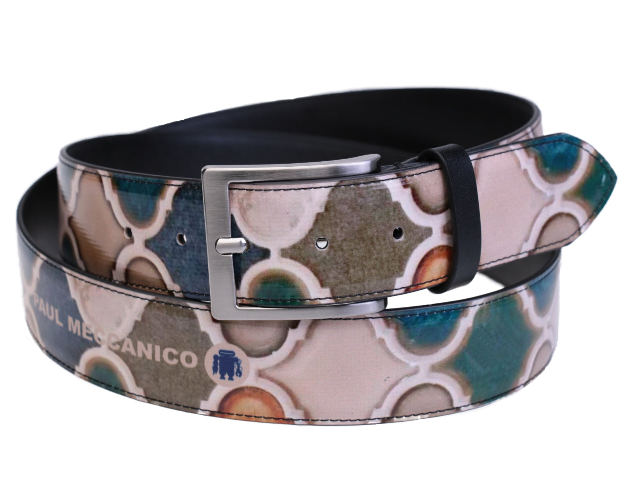 BEIGE AND BLUE MEN'S BELT MAJOLICA FANTASY MADE OF LORRY TARPAULIN. - Unique Pieces Paul Meccanico