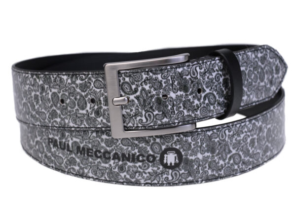 MEN'S BELT BLACK AND WHITE PAISLEY FANTASY MADE OF LORRY TARPAULIN. - Unique Pieces Paul Meccanico