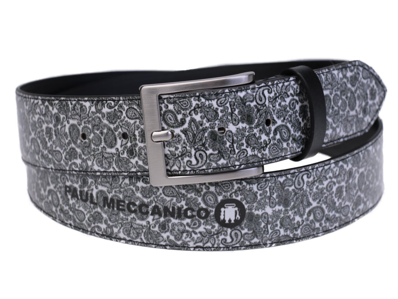 MEN'S BELT BLACK AND WHITE PAISLEY FANTASY MADE OF LORRY TARPAULIN. - Unique Pieces Paul Meccanico