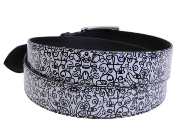 BLACK AND WHITE MEN'S BELT "FACES" MADE OF LORRY TARPAULIN. - Unique Pieces Paul Meccanico