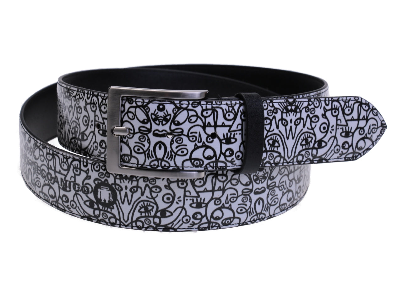 BLACK AND WHITE MEN'S BELT "FACES" MADE OF LORRY TARPAULIN. - Unique Pieces Paul Meccanico