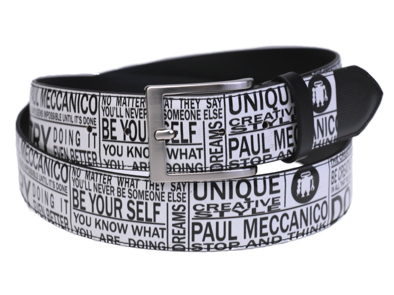 MEN'S BELT BLACK AND WHITE LETTERING FANTASY MADE OF LORRY TARPAULIN. - Unique Pieces Paul Meccanico