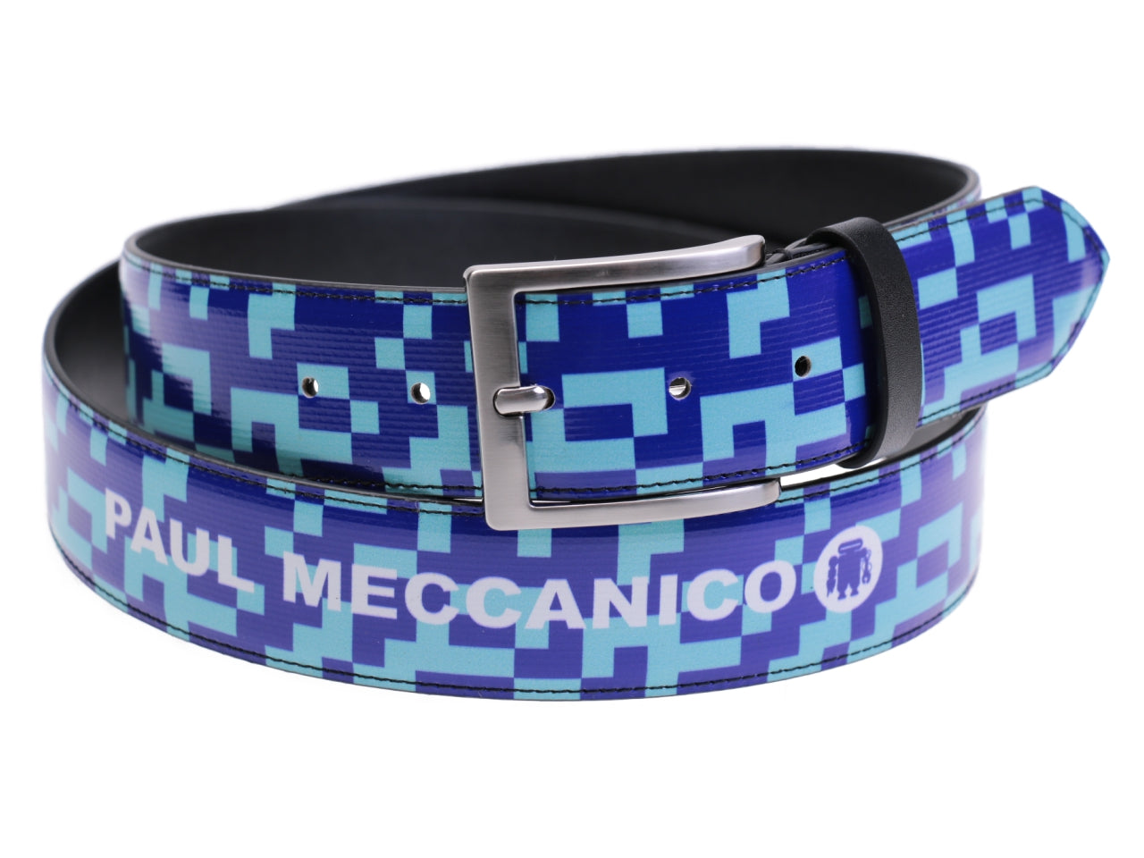 LIGHT BLUE MEN'S BELT WITH TETRIS FANTASY MADE OF LORRY TARPAULIN. - Unique Pieces Paul Meccanico