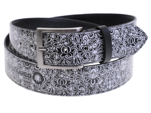 BLACK AND WHITE MEN'S BELT WITH FLORAL FANTASY MADE OF LORRY TARPAULIN. - Unique Pieces Paul Meccanico