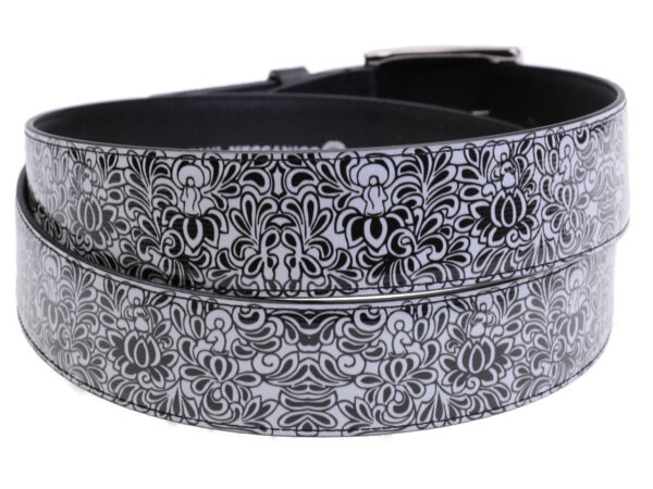 BLACK AND WHITE MEN'S BELT WITH FLORAL FANTASY MADE OF LORRY TARPAULIN. - Unique Pieces Paul Meccanico