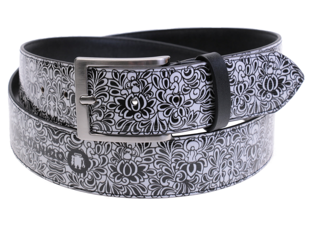 BLACK AND WHITE MEN'S BELT WITH FLORAL FANTASY MADE OF LORRY TARPAULIN. - Unique Pieces Paul Meccanico